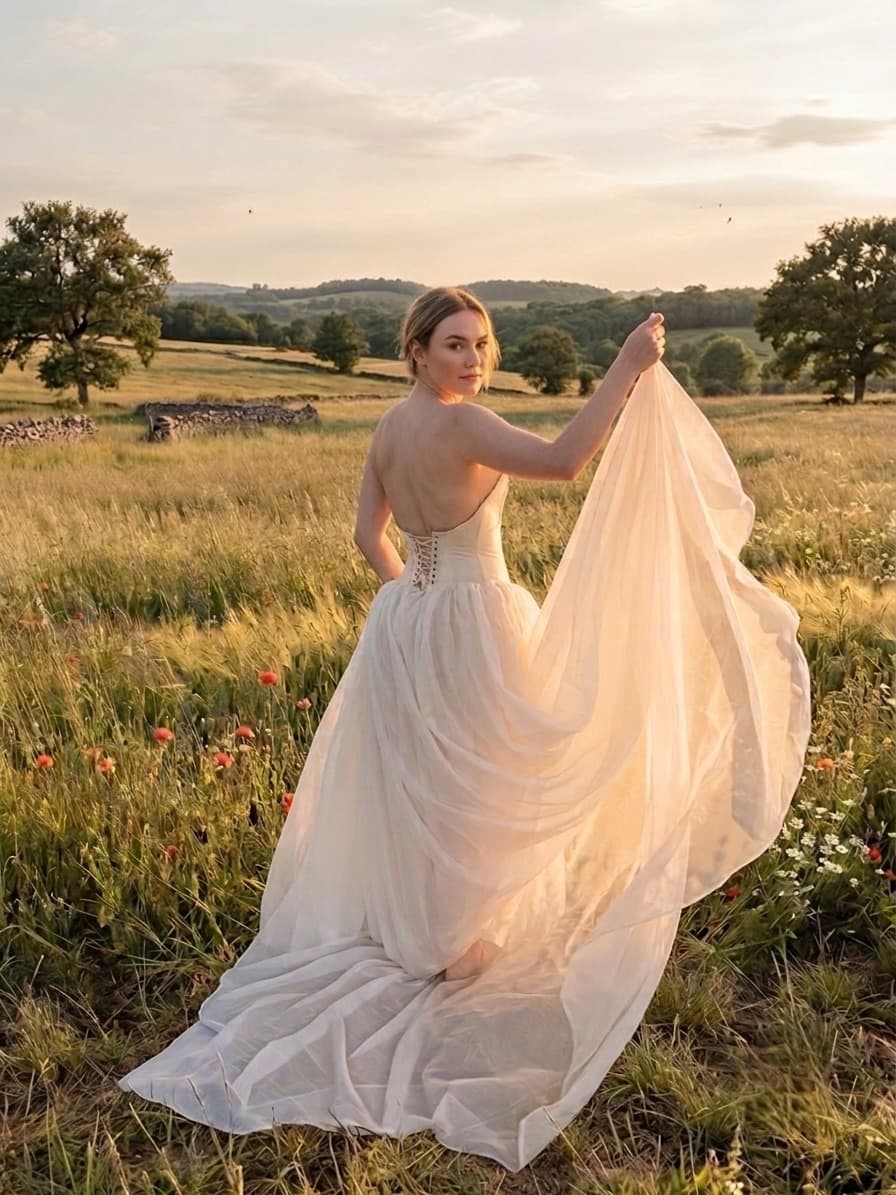 Robe bustier à laçage, voile de tulle tenu à bout de bras