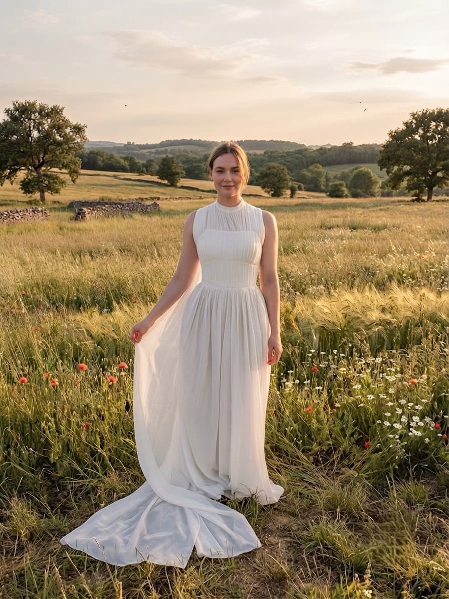 Robe à col montant et jupe ample, portée dans un champ à la tombée du jour